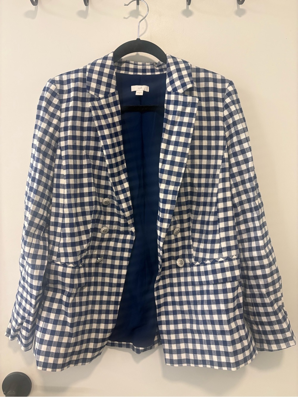 J. Jill Navy and White Gingham Double-Breasted Blazer - Picture 3 of 8